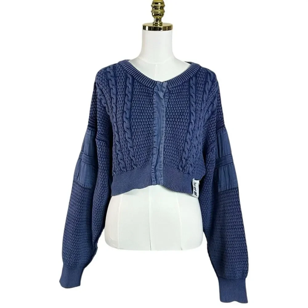 Free People Patchwork Chunky Cable Knit Heritage Cardi Cardigan Sweater Large
